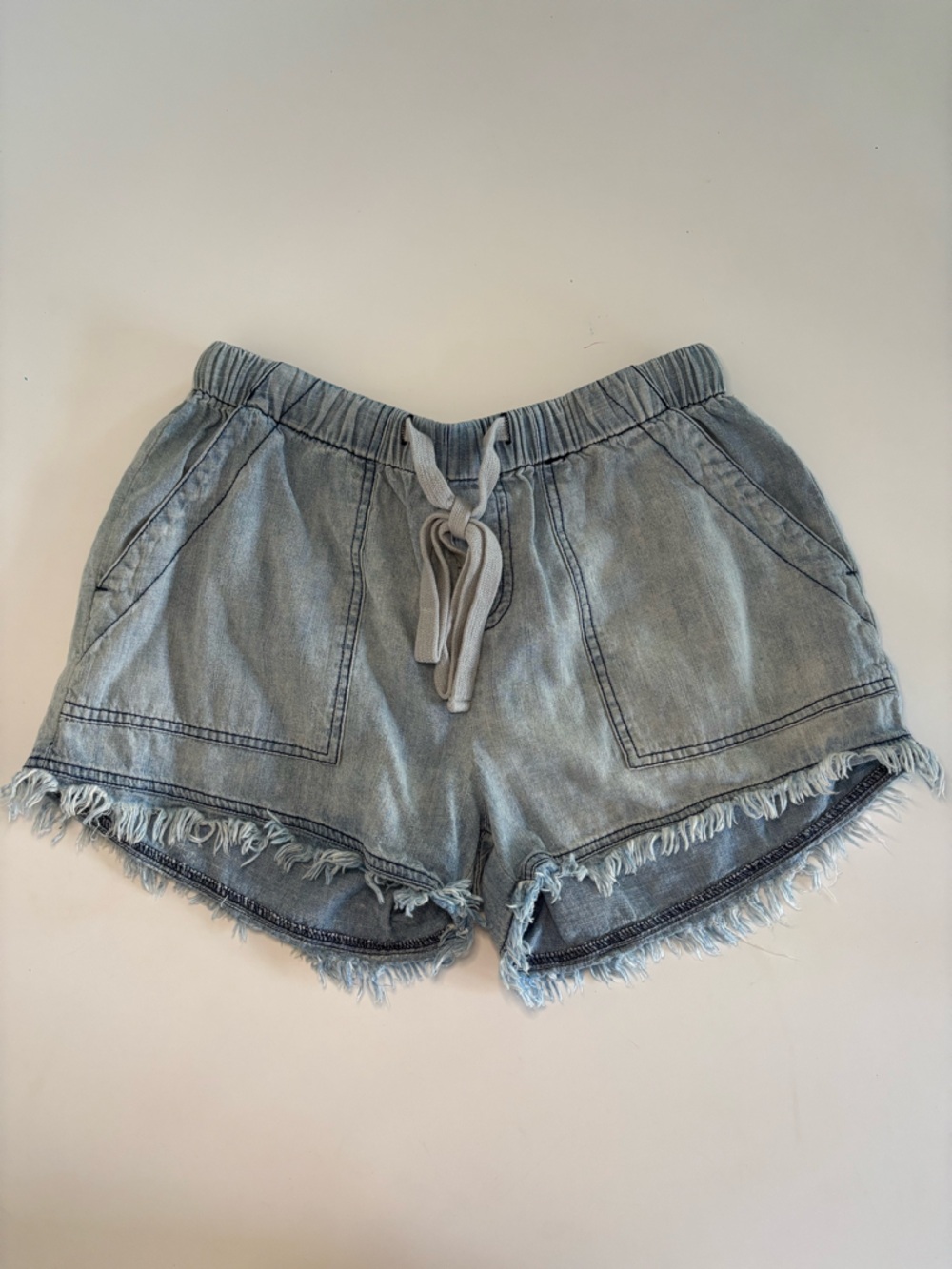 Vici Chambray Elastic Waist Shorts Light Blue Small Raw Hem Summer Beach Travel